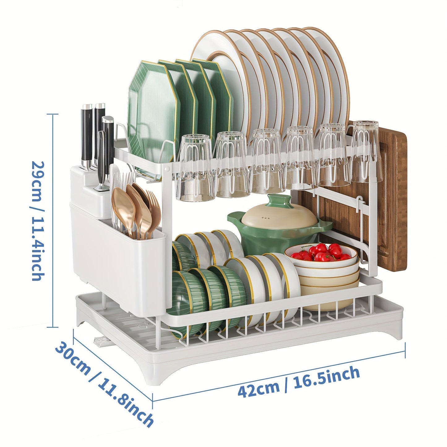 Kitchen Counter Rustproof 2-Tier Dish Drying Rack with Double Layer, Drainboard, and Utensil Holder - Ideal for Kitchen Accessories