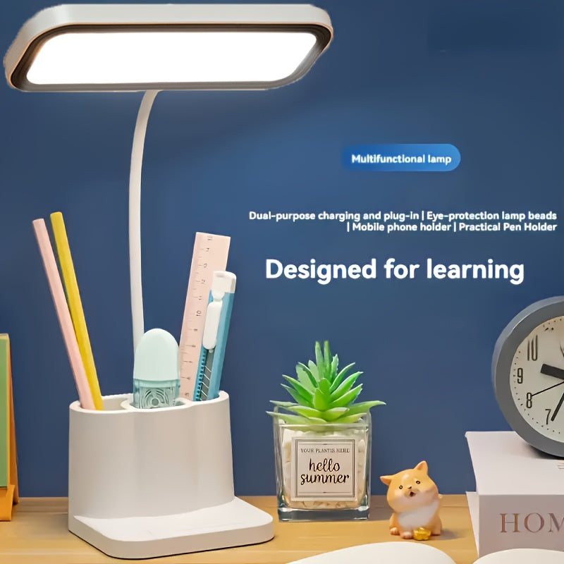 LED desk lamp with touch control, adjustable gooseneck, rechargeable battery, dual power mode, pen holder, for home office, dorm, reading, learning.