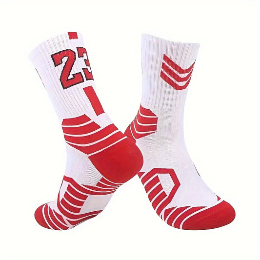 9 pairs of men's trendy basketball socks with 23 & 24 number print, providing comfort, breathability, and shock absorption for outdoor activities.