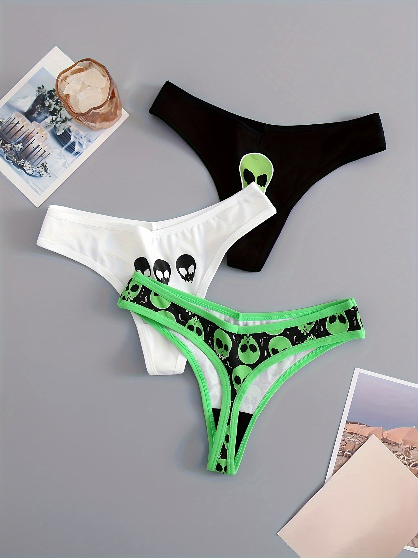 3 Skull Print Thongs, Soft & Stretchy Women's Lingerie