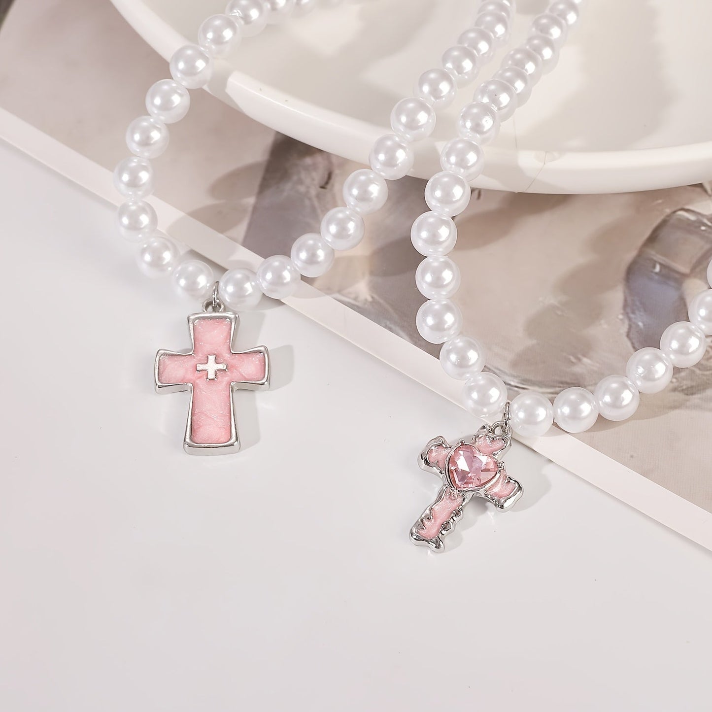 Y2K-Inspired Women's Necklace Set with Faux Pearl, Pink Monster, Heart & Cross Pendants - Includes 4 Pieces for Daily or Party Wear - Ideal Gift for Friends or Girlfriends, Random Style