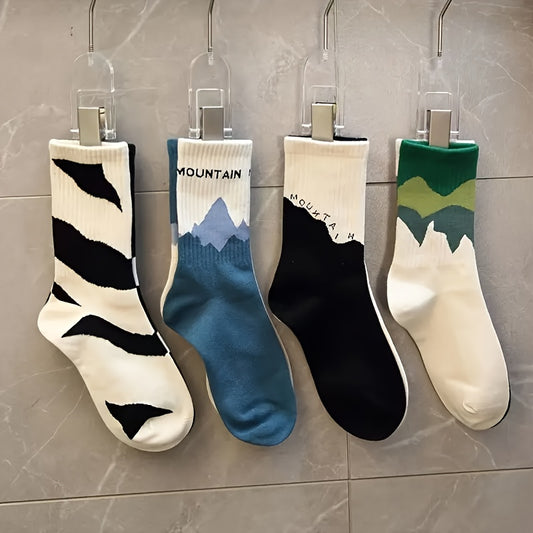 4 unisex mid-calf socks with gradient pattern, 70% polyester, 30% cotton, knit fabric, hand wash only