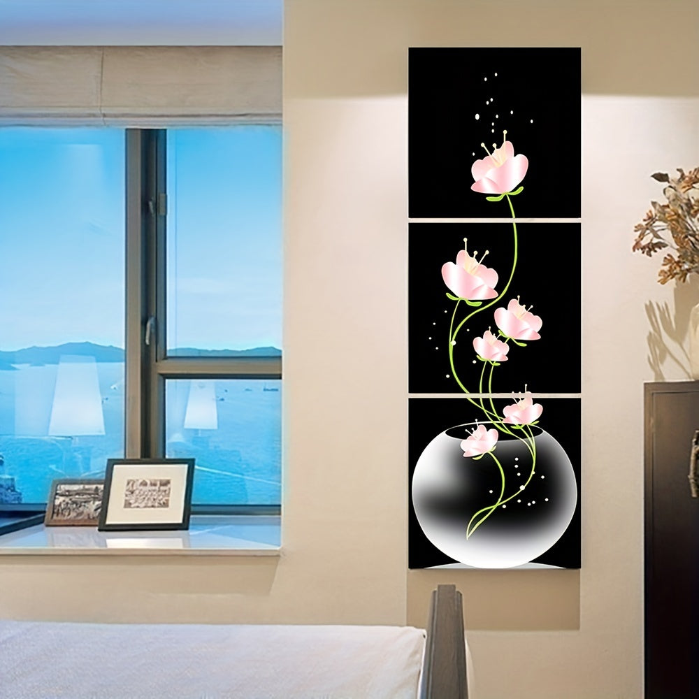 Set of 3 pink flower canvas prints with sparkling accents, perfect for living room or entryway decor. High-quality machine-printed canvas, elegant and minimalist design. Frameless.