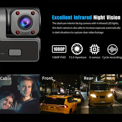 ANNJIATUU Triple Camera Car Dash Camera with Front 1080P, 480P Rear Camera, IR Night Vision, Loop Recording, Wide-Angle DVR Camera, IPS Screen