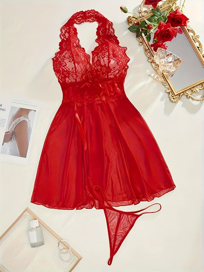 Sexy lingerie set includes lace flower pattern semi-sheer deep V dress and thong.