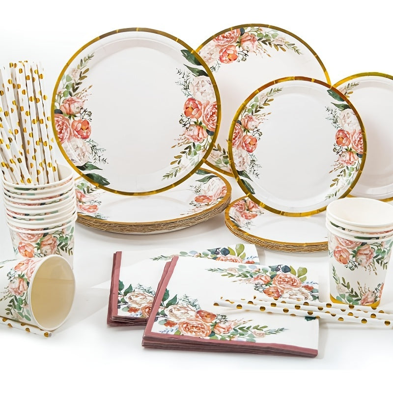 Disposable Luxurious Flower Themed Tableware Set - Includes 125 Pieces of Elegant Party Decorations such as Paper Plates, Dessert Plates, Napkins, and Paper Cups. Perfect for Birthday Parties, Weddings, Festivals, Anniversaries, and any other Special