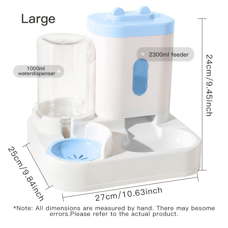 Dual bowl ergonomic cat feeder and water dispenser set made of plastic for cats, featuring automatic food and water feeding for neck-friendly use.