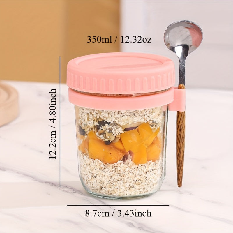 2 350ml glass jars with spoon for overnight oats, salads, or yogurt - plain design