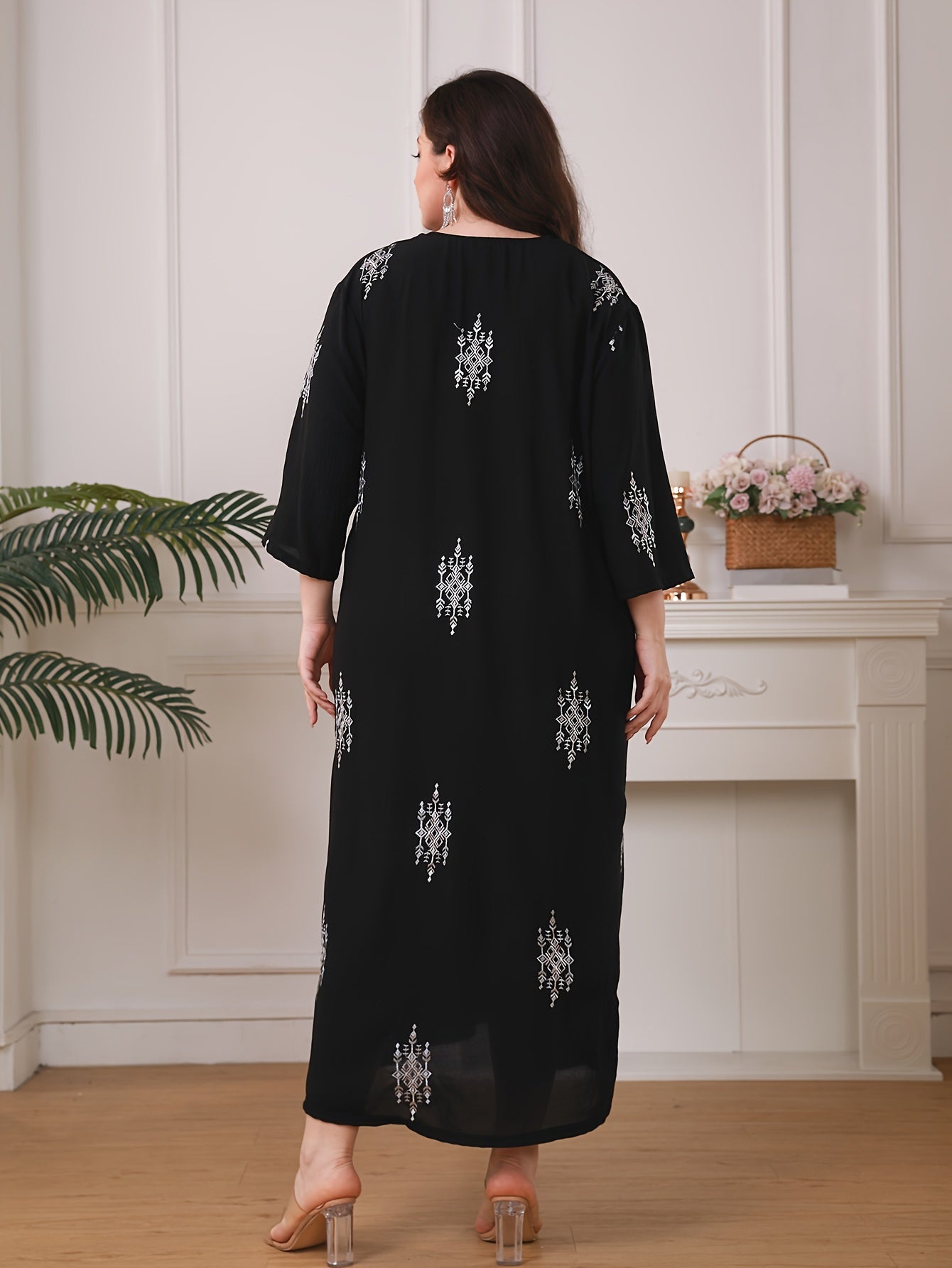 Stylish embroidered maxi dress with 3/4 sleeves, loose fit, woven polyester, machine washable, ideal for summer.