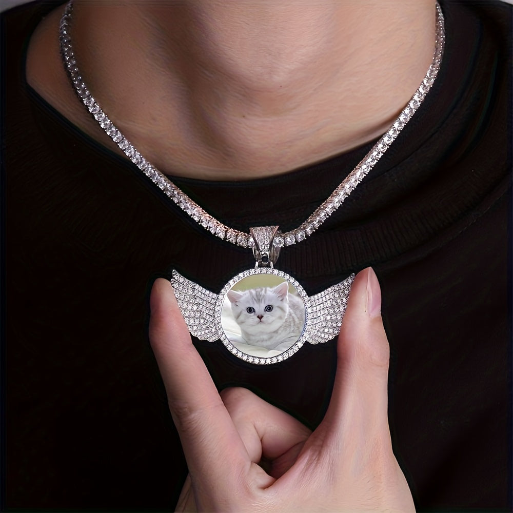 Customizable Photo Pendant Necklace in Hip Hop Style for Men and Women, featuring a Round Wing design in Gold Plated Zirconia for a fashionable look.