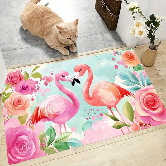 1 Piece Vibrant Flamingo & Floral Design Anti-Slip Floor Mat - Made of 100% Polyester, Machine Washable & Highly Absorbent - Perfect for Use in Kitchens, Laundry Rooms, and Living Areas - Washable Area Rug