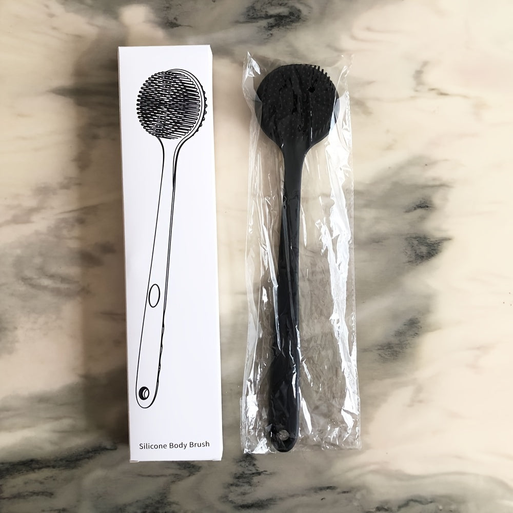 Double-sided soft silicone bath brush with long handle for gentle deep cleansing and skin care. Battery-free and suitable for gifts.