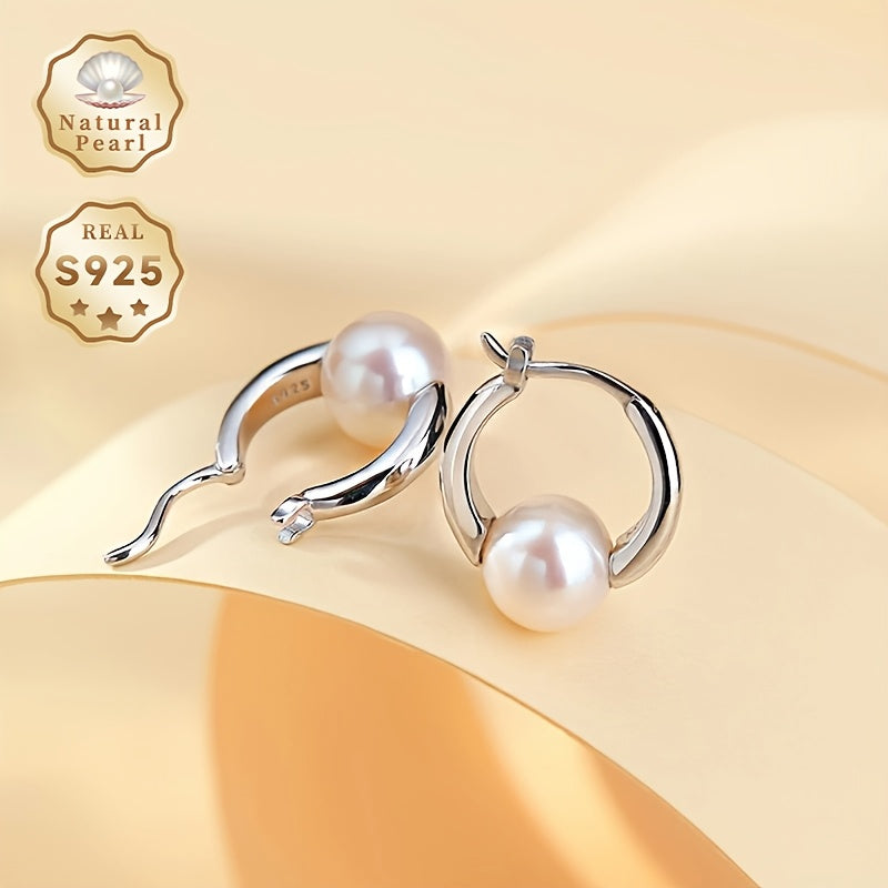 Stylish and Timeless Freshwater Pearl Hoop Earrings for Women, featuring 8-9mm Natural Gemstones on S925 Silver Posts, Perfect for June Birthdays or Any Occasion - Suitable for Daily Wear or Gifting, Versatile for All Seasons - Presented in a Beautiful