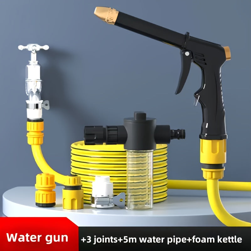 PVC Water Gun Set with 5m Hose - Ideal for Car Washing, Cleaning, and Watering - Essential for Outdoor Use.