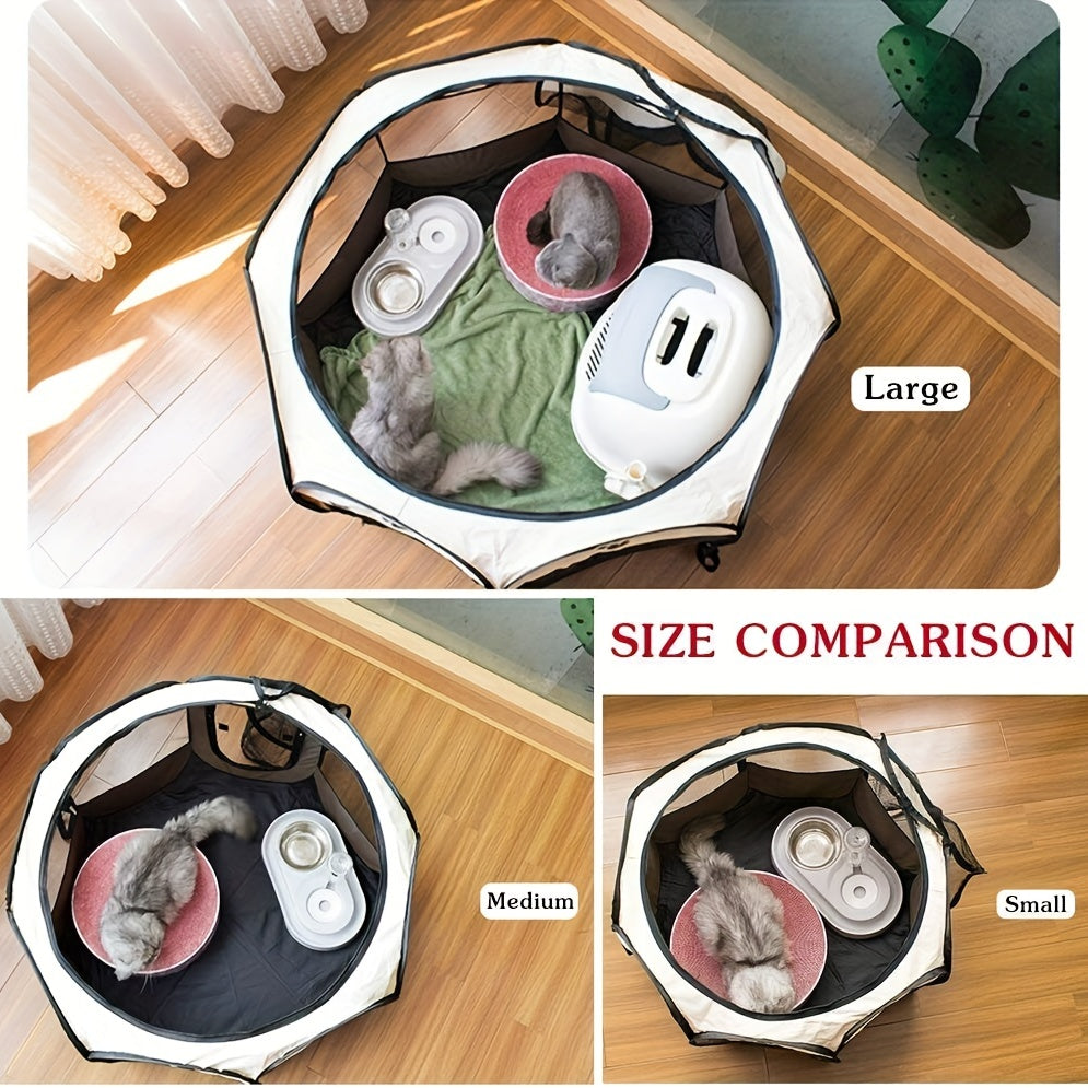 Foldable cat tent bed made of durable polyester with paw print design, zippered door for indoor/outdoor use.