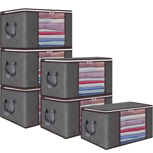 Six pieces of extra large storage bags that are durable and foldable clothes organizers for bedding, blankets, pillows, and toys. Made from thick polypropylene fabric, these bags come with zippers and lids, reinforced handles for easy carrying, and