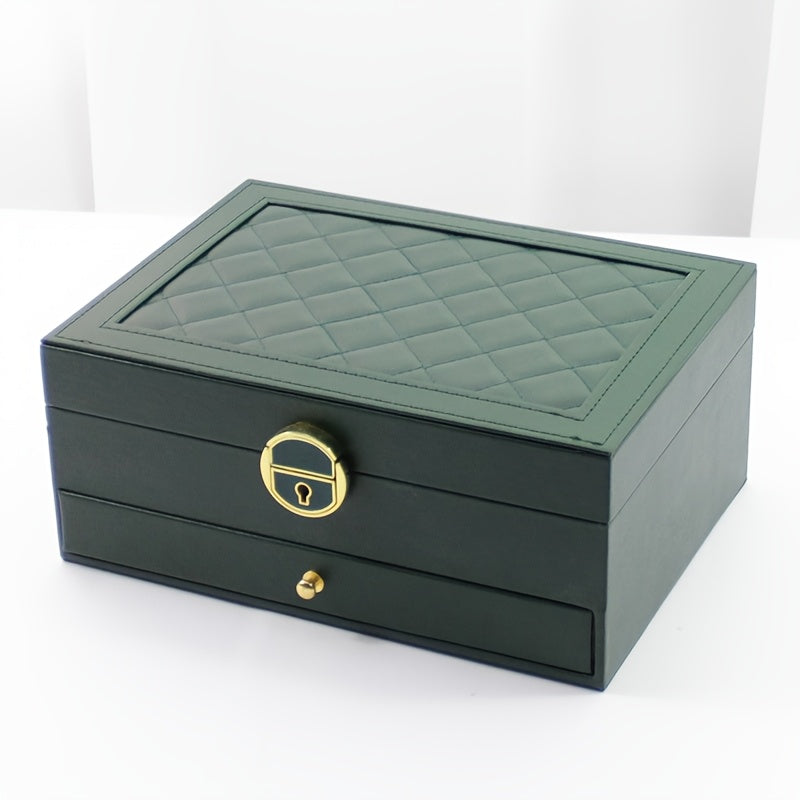 Luxurious faux leather jewelry organizer with lock, spacious drawers for accessories - perfect gift for women and girls.