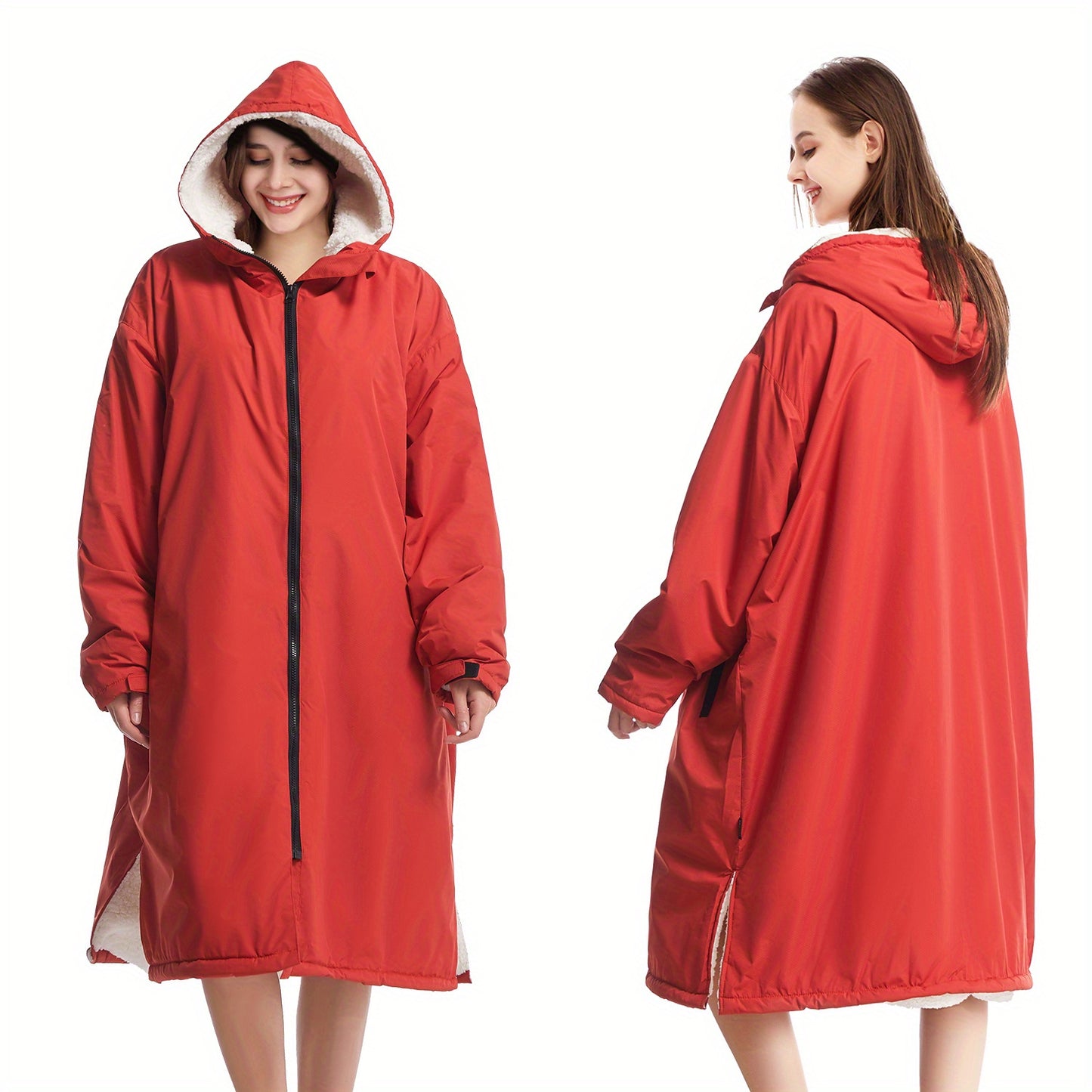 Waterproof, windproof unisex changing robe with fleece lining and hood for home, surfing, diving, camping, and hiking.