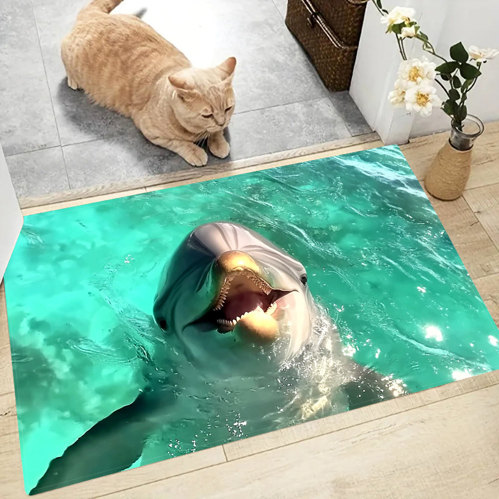 Dive into the ocean with the 1pc Vibrant Shark Ocean Scene Kitchen Mat! This non-slip and comfortable polyester standing mat is perfect for living rooms, bedrooms, gaming areas, bathrooms, and more. Machine washable for easy cleaning, this mat features a