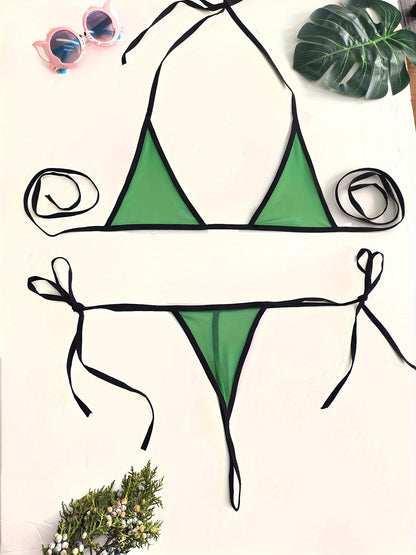 Sexy mesh bikini lingerie set with green triangle contrast trim and adjustable straps for a flattering fit.