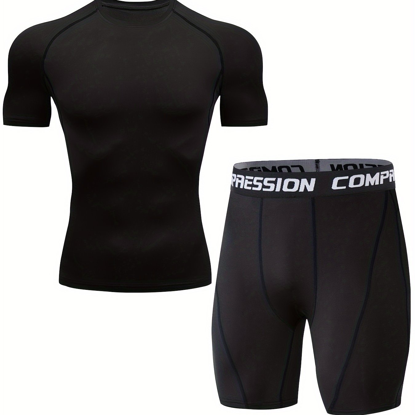 Men's sports running set includes skin-tight quick dry short sleeve compression shirt and shorts for gym and yoga.