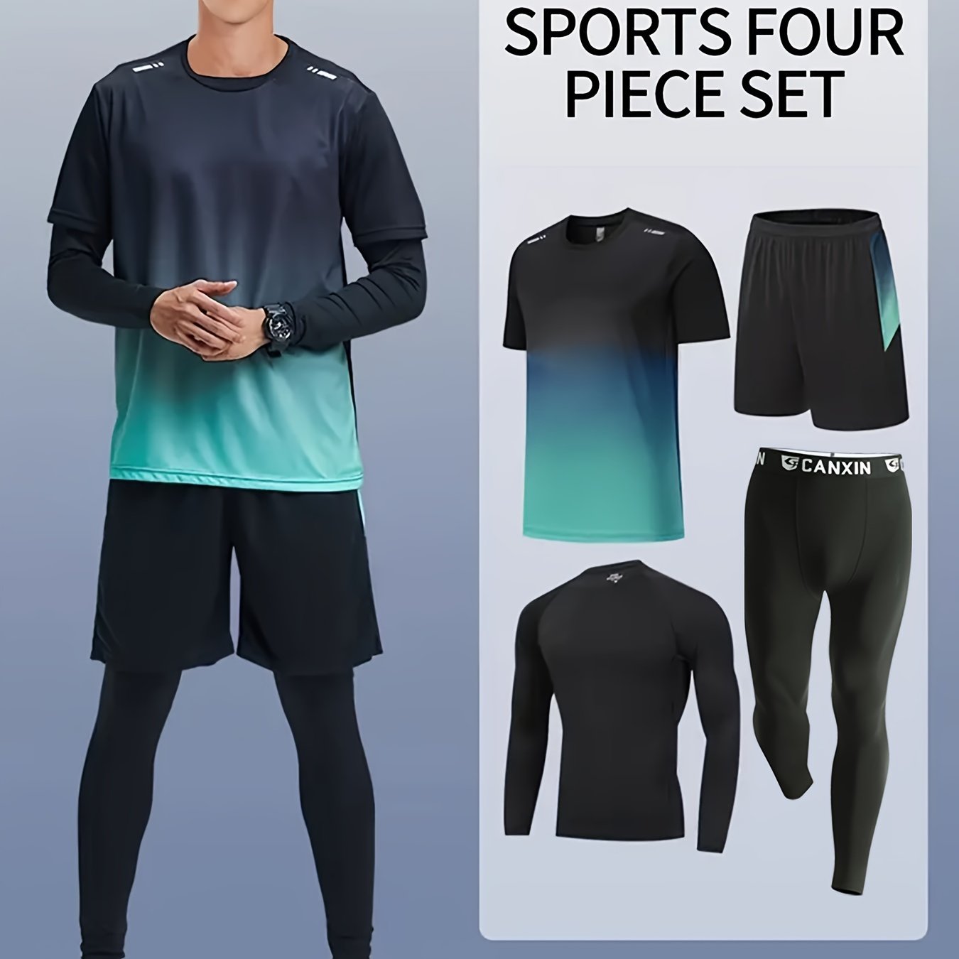 Men's Fitness Suit with loose short-sleeved shorts, quick-drying training, tight long-sleeved trousers for outdoor activities.