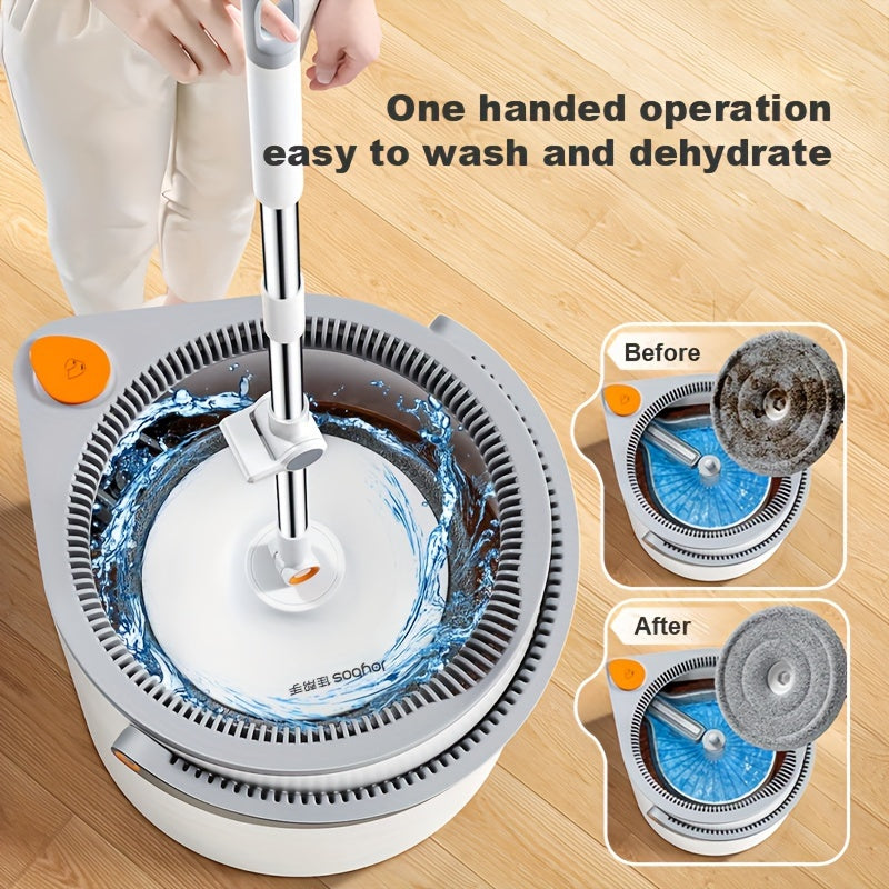 Experience the convenience of the Joybos Spin Mop and Bucket Set, featuring 2 Microfiber Pads. This stainless steel set is designed for wet and dry use on various floors throughout your home, including the bedroom, kitchen, living room, and bathroom. Say