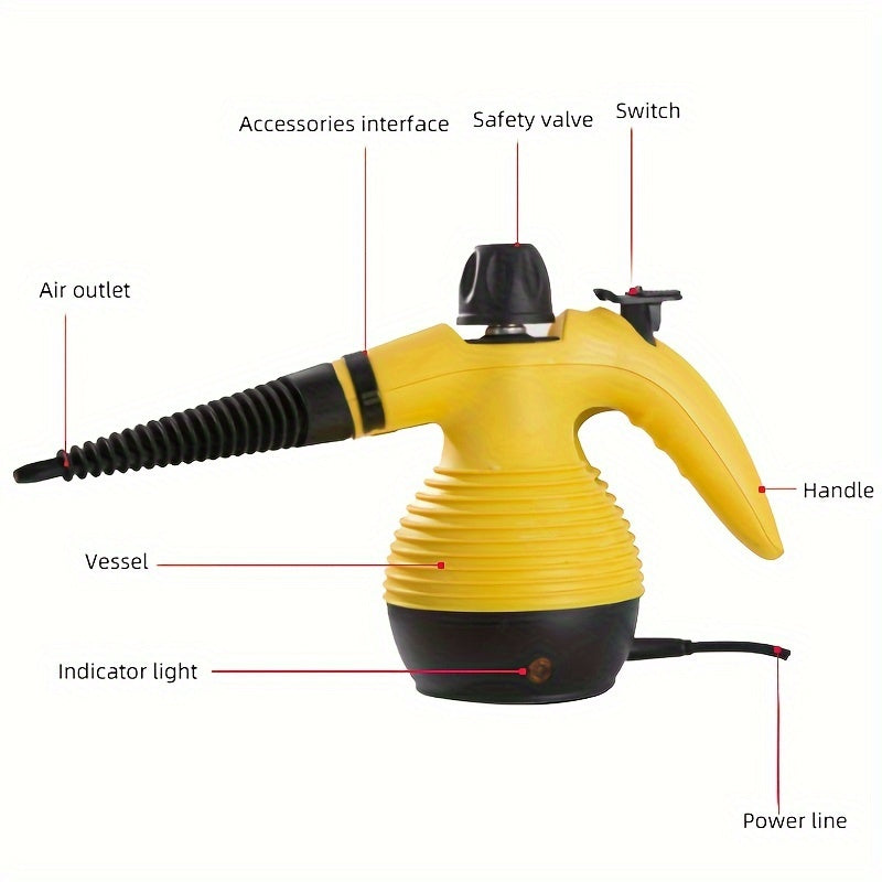 Versatile handheld steam cleaner with 9 accessory kit for easy stain removal on various surfaces. EU plug, 600W+ power.