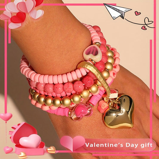 Introducing a versatile Bohemian-style bracelet made of multi-layered pink resin beads, ideal for women looking to elevate their Valentine's Day fashion. Adorned with charming heart inlays, this accessory can be worn for both casual and special