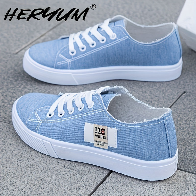 HERUMIN Women's Lace-Up Sneakers in Black, White & Blue Denim, Comfortable PVC Sole, Casual and Stylish for Spring.