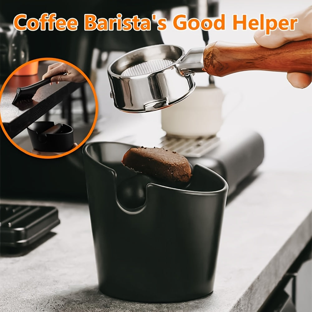 Set of 2 Espresso Knock Box and Tamper Mat includes a coffee grounds knock box and an anti-slip silicone tamper mat. Perfect for baristas, this set makes it easy to clean up espresso waste with a detachable knock bar for convenient use.