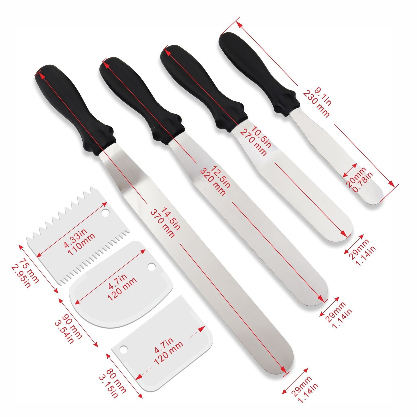 Cake Scraper Set of 7 Pieces made of Stainless Steel, Includes Metal Cake Smoothers, Versatile Baking and Spatula Tools in Sizes 10.16/15.24/20.32/25.4 cm, High-Quality Kitchen Decorating Accessories