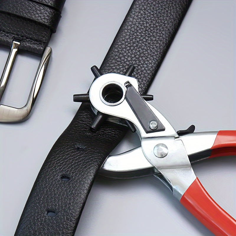 Faux leather hole punch tool for belts, watch bands, and handbag straps. Multi-size and easy to use for DIY projects. Crafted from alloy.