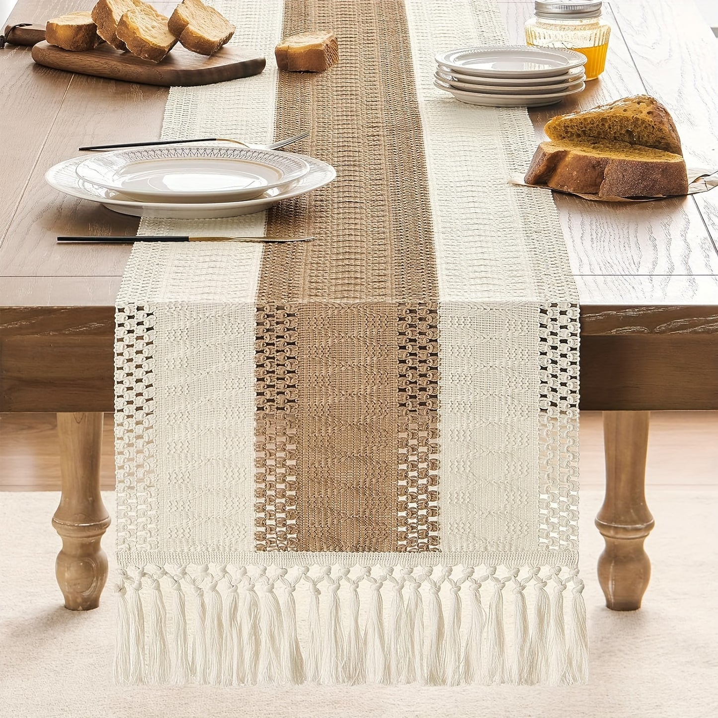 Bohemian crochet table runner with tassel in cream and brown. Perfect for weddings, parties, and home decor. Suitable for Christmas.