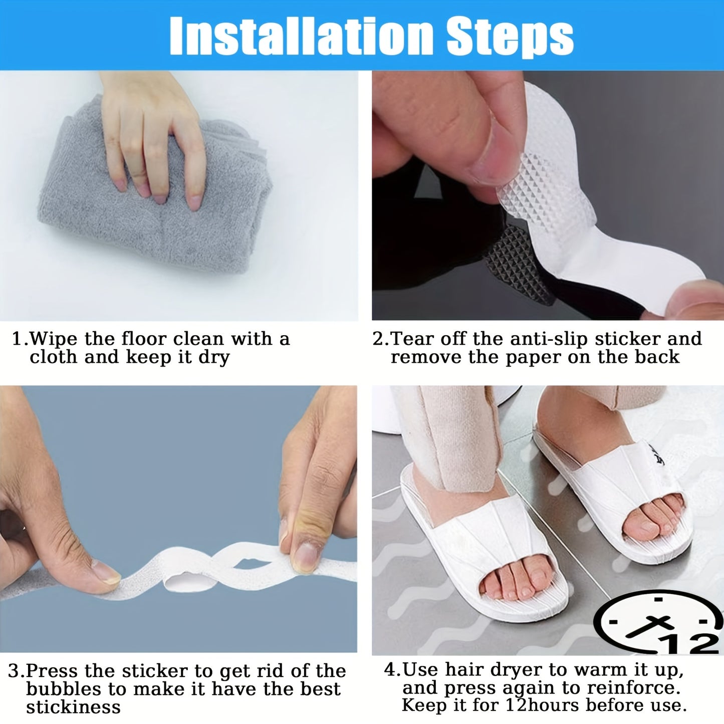 24pcs anti-slip stickers for bathroom floor and shower to prevent slips and falls, easy to apply and remove.