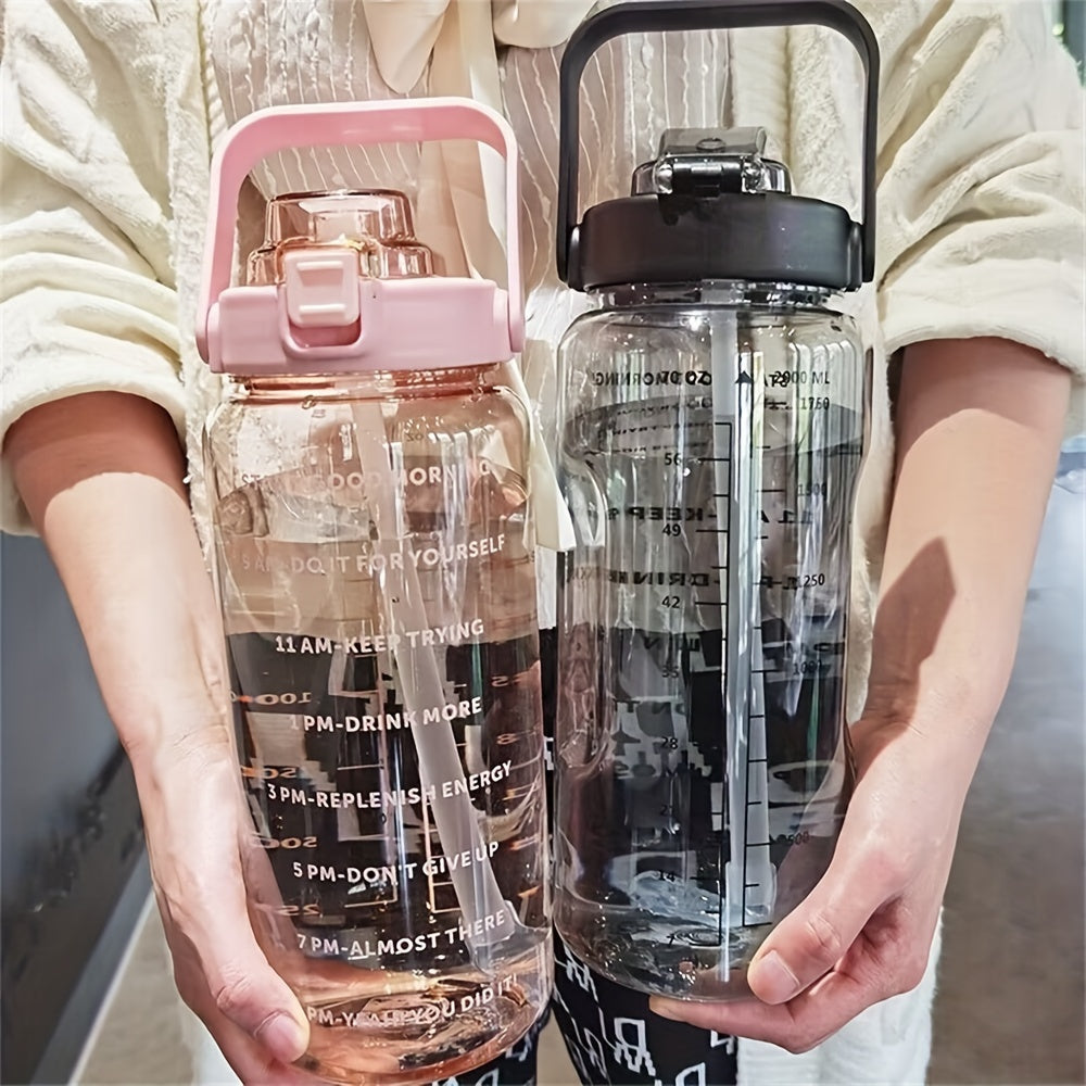 Large capacity sports water bottle with straw, portable and leak-proof for fitness and outdoor activities, made of durable PC material, 2000ml.