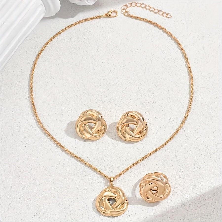 Stylish Boho-Chic 3-Piece Jewelry Set for Women - Includes Geometric Rose Flower Necklace, Earrings, and Ring - Made of Zinc Alloy, Ideal for Everyday Wear