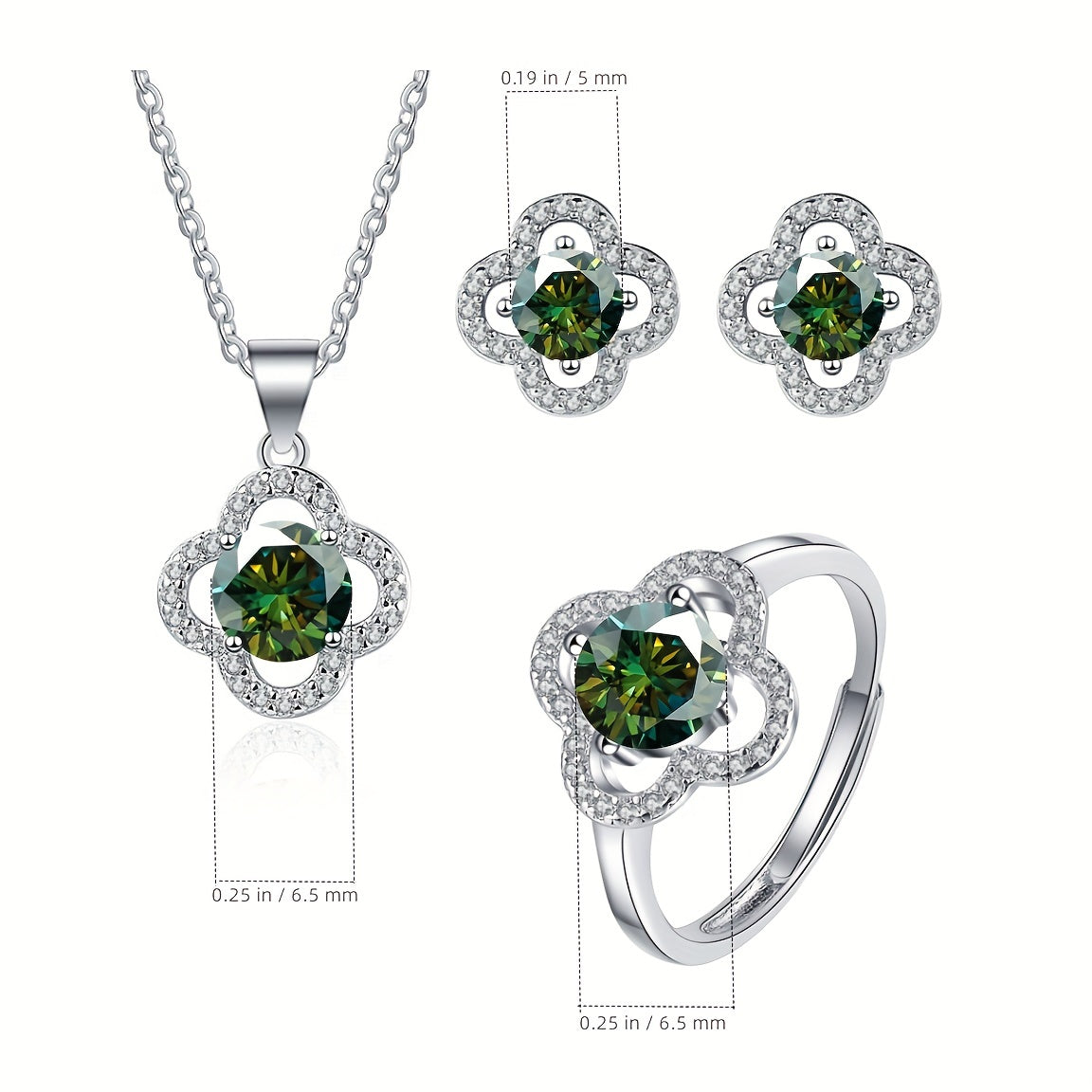 4-piece Moissanite Jewelry Set featuring 925 Sterling Silver Earrings, Necklace, and Ring in a Lucky Flower Design. Perfect for complementing daily outfits and a dainty Christmas gift for your loved one.