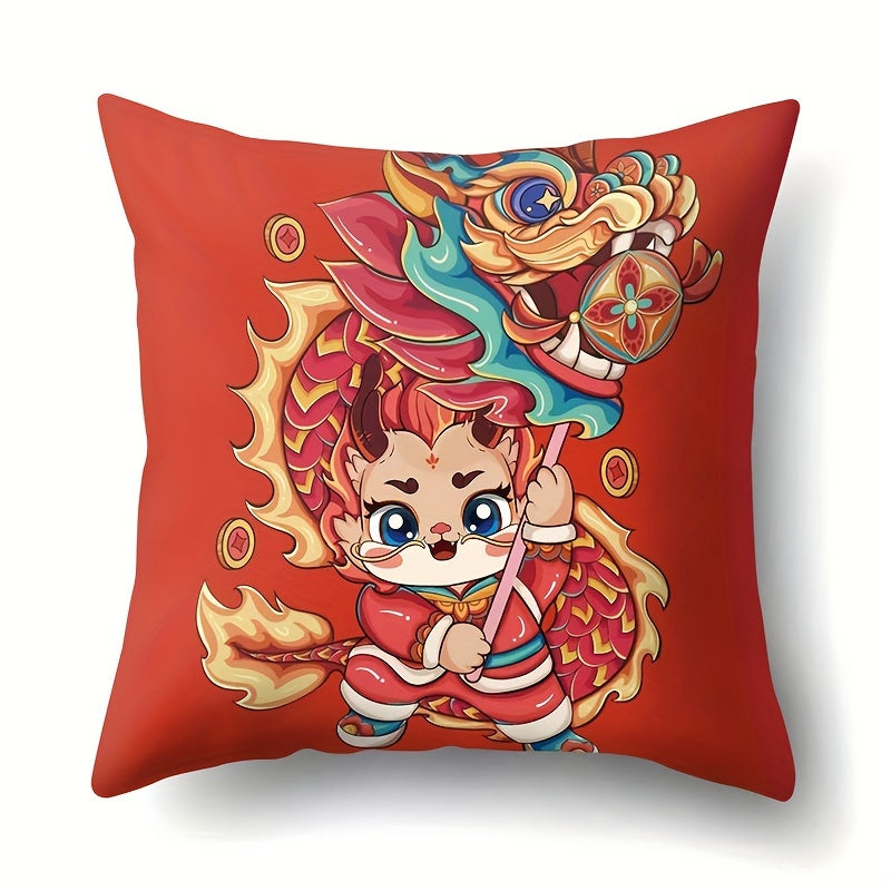 Get cozy with the Red Dragon Chinese New Year Pillowcase! This traditional-style cushion cover is made of stain-resistant polyester, perfect for adding a touch of flair to your sofa or bedroom decor. The dimensions are 43.99 x 43.99 cm.