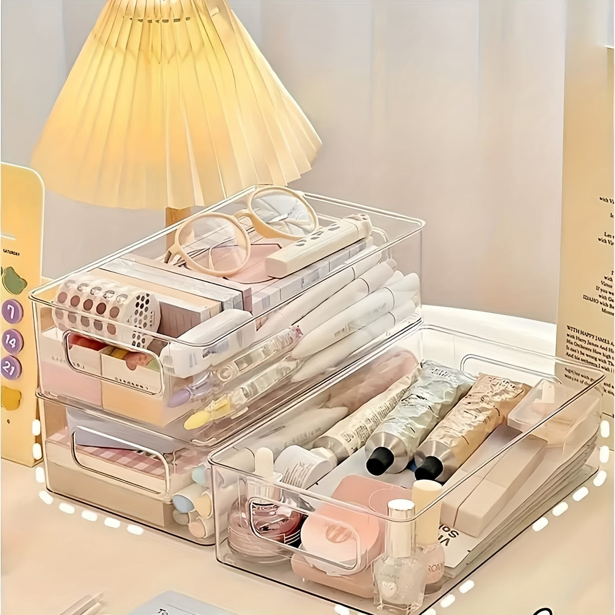 Clear plastic storage bins with handles - stackable desktop organizer drawers for various items - countertop basket for home or office essentials - no electricity required.