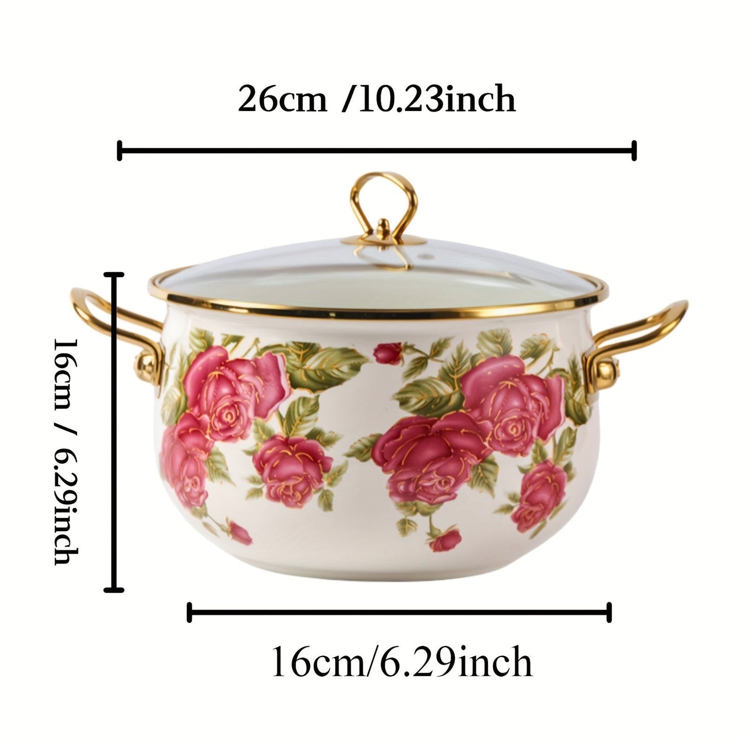 Luxurious stockpot with gold handle and lovely rose flower enamel design. Comes with a durable glass lid and is offered in four different sizes. Perfect for high-end cooking in your home or outdoor kitchen.