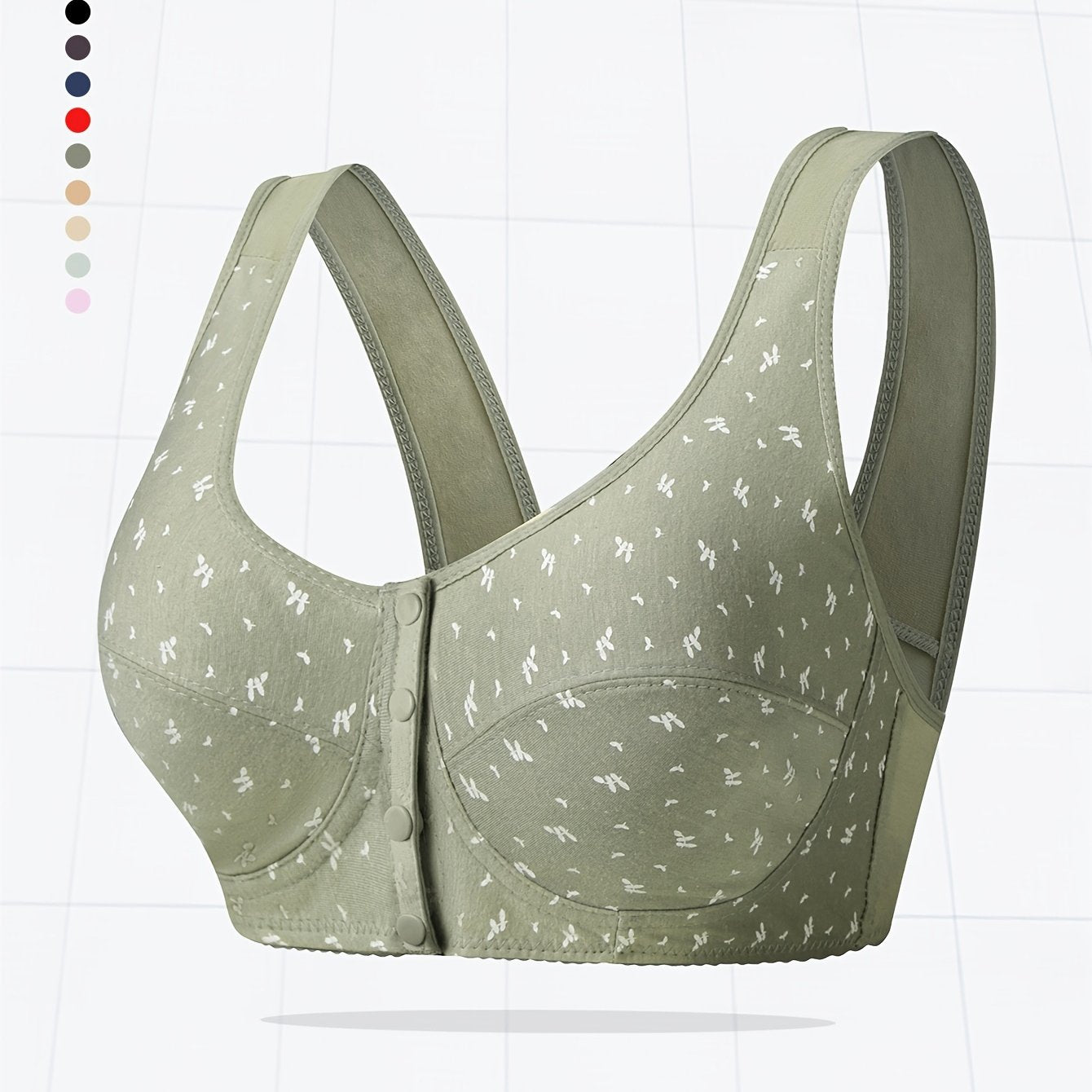 Large women's solid color front buckle vest style bra, comfortable and breathable with random printing, no steel ring.