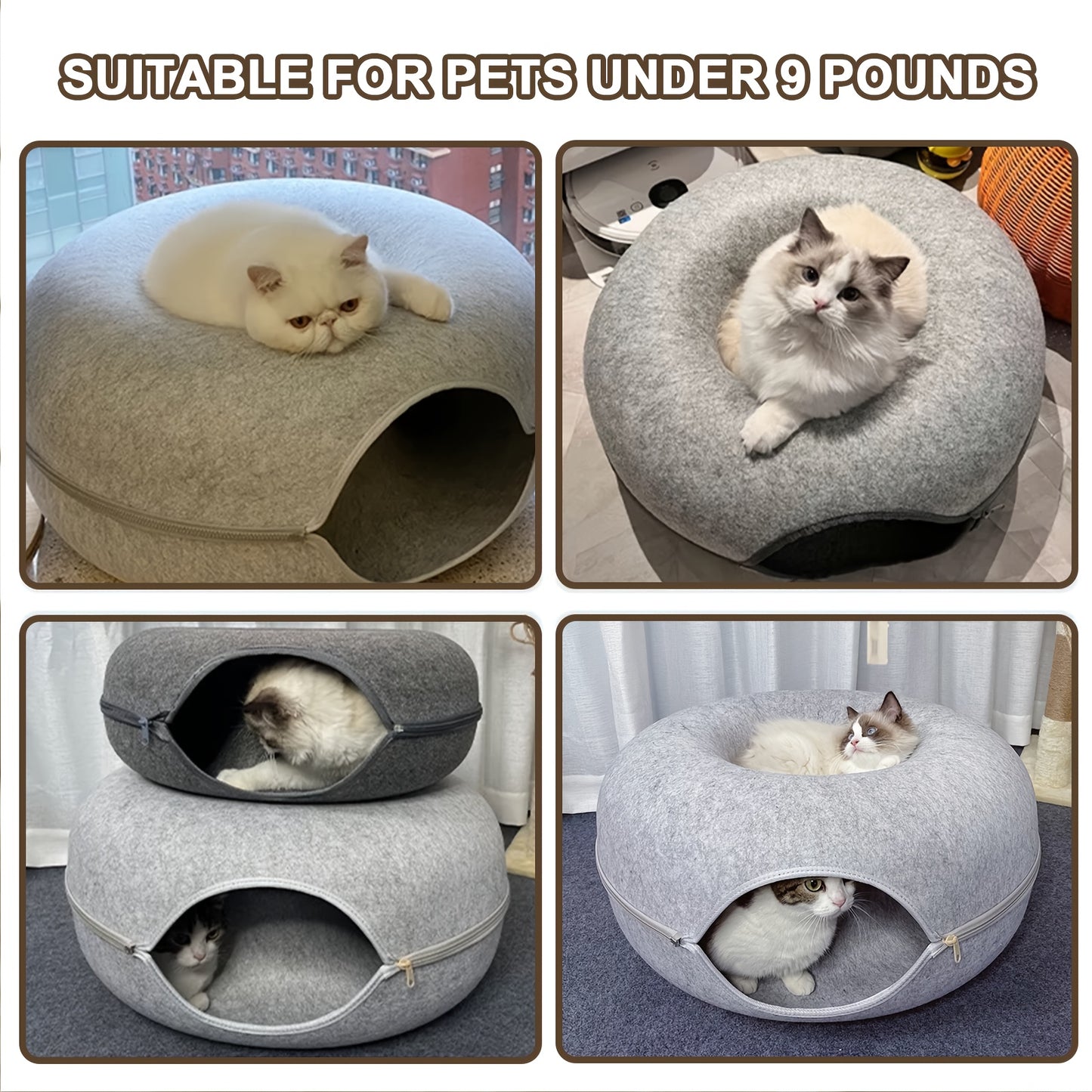 Versatile cat tunnel bed made of cozy wool felt in gray, with foldable design and zippered split for easy cleaning. Perfect for play, sofa, or bed use.