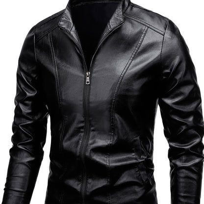 Men's PU Leather Stand Collar Motorcycle Jacket for Outdoor Wear in Spring and Fall