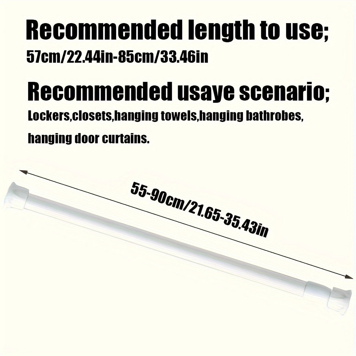 Easy-install telescopic rod with strong spring for shower curtains, door drapes, clothes hanging. Available in black, white, wood grain.