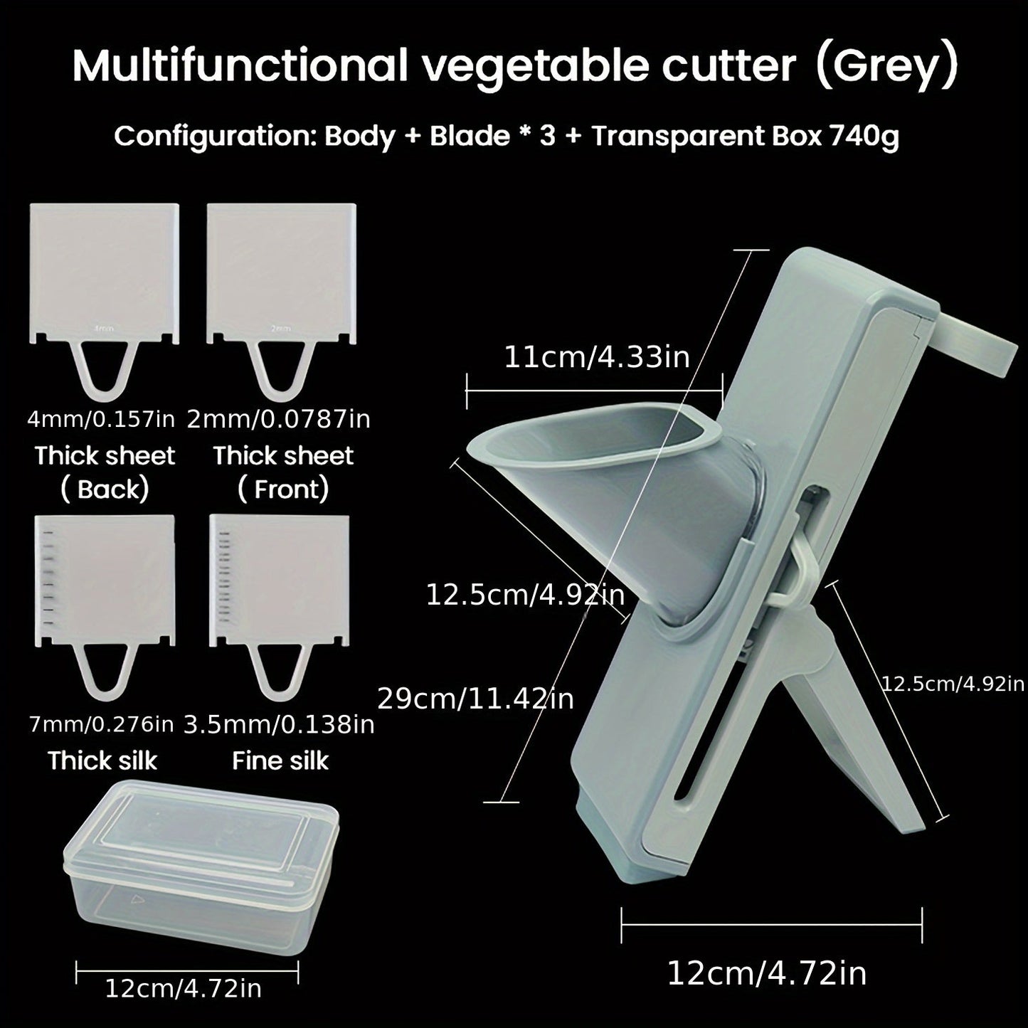 A versatile kitchen tool, the vertical mandoline slicer comes with three interchangeable blades for adjustable slicing thickness. This slicer also includes a convenient container for easy storage of sliced fruits and vegetables. Designed for cutting a