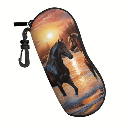 Trendy Horse Patterned Glasses Case - Stylish and Convenient Neoprene Eyewear Pouch with Zipper and Belt Clip for Women