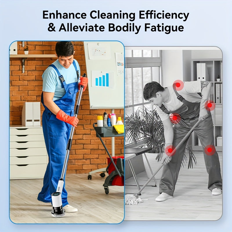 The SUNUO Electric Spin Scrubber is equipped with 9 brush heads for versatile cleaning. This cordless floor and tile cleaner offers 360° rotation for thorough cleaning, and the extendable handle makes it easy to reach high or low areas. The USB