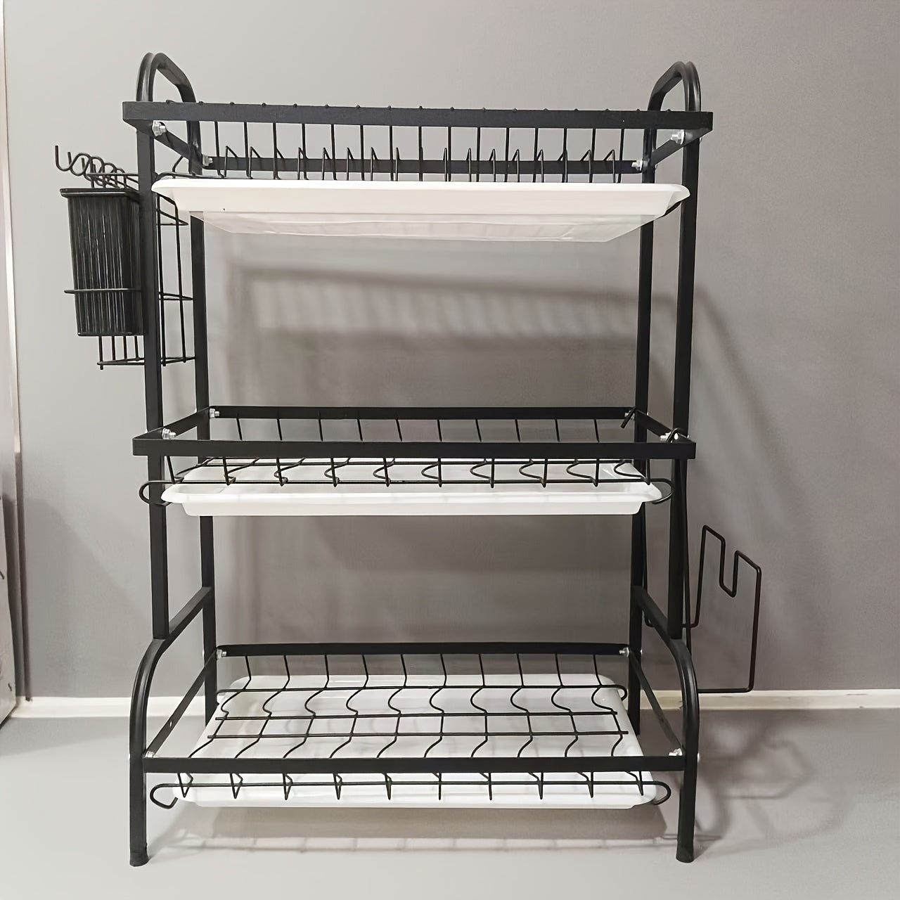 Premium carbon steel 3-tier dish rack with drainboard for organized dish drying and kitchen storage.