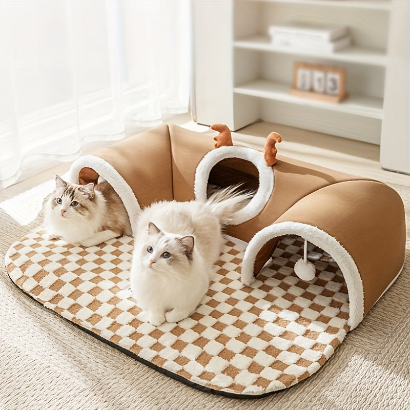 Reindeer Cat Tunnel & Bear Pet Bed for Cozy Holiday Play and Sleep